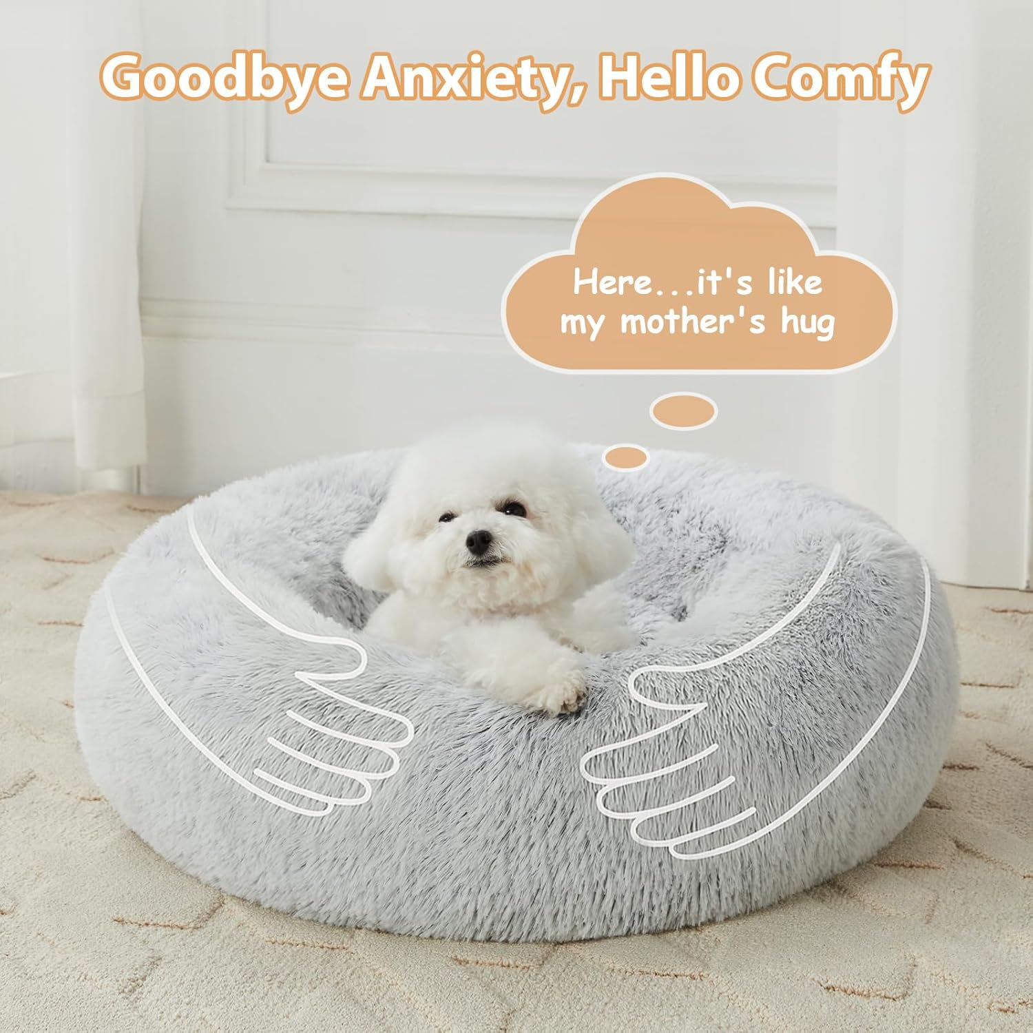 Calming Dog Bed Cat Bed Donut, Faux Fur Pet Bed Self-Warming Donut Cuddler, Comfortable round Plush Dog Beds (24 X 24 Inch, Light Grey)